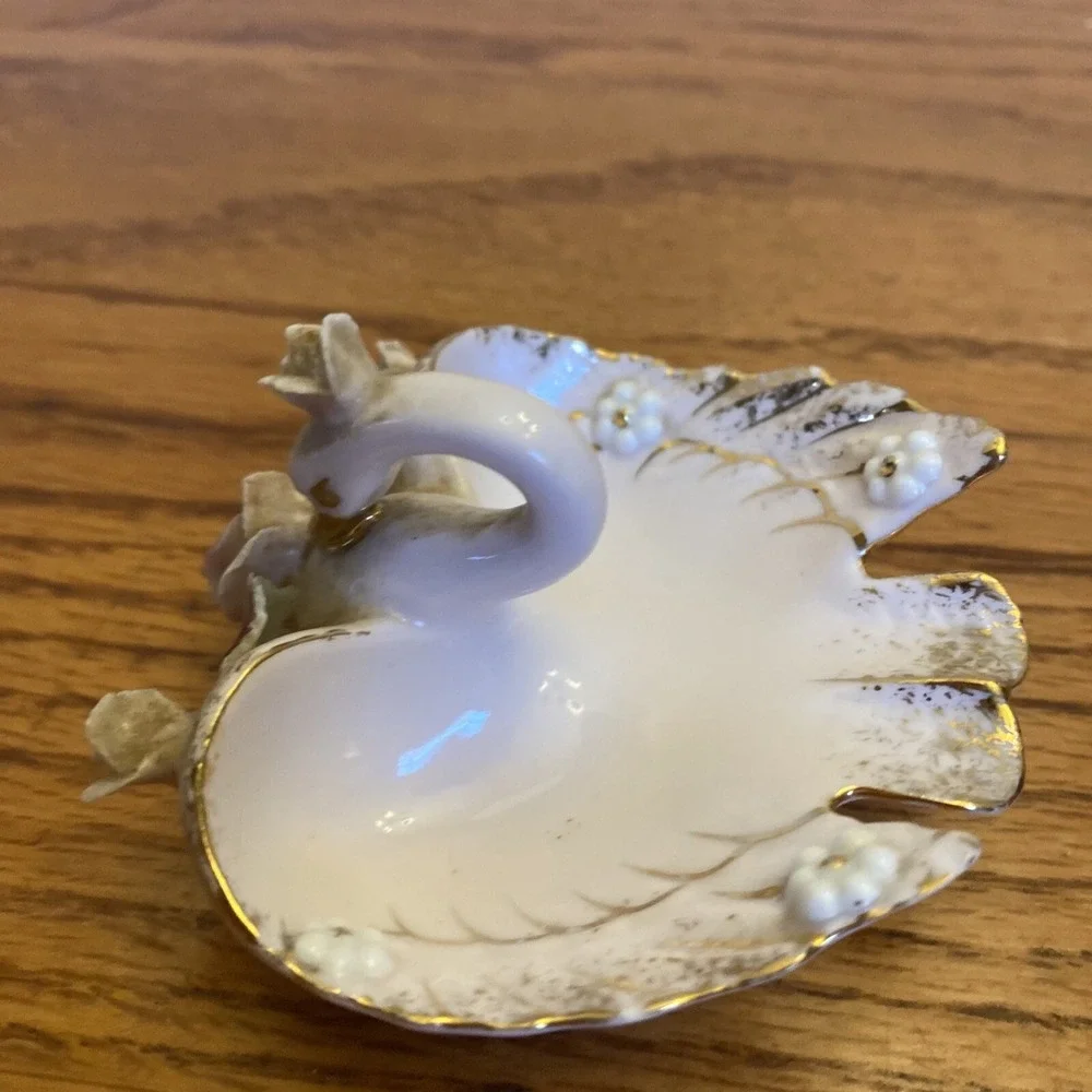 Vintage Lefton Porcelain Pink  Gilded‎ Gold Swan Trinket Dish Roses BEAUTIFUL
